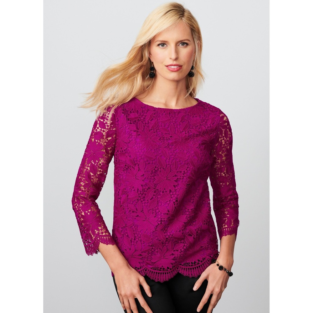 RSVP by Talbots women's Lace Top Magenta Floral 3/4 Sleeve Scalloped Hem Sz L - Picture 11 of 16